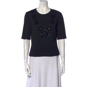 St. John Womens Studded Embellished Wool Crew Neck T-Shirt Size Small Black